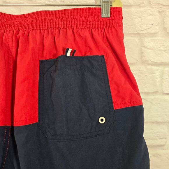 F Tommy Hilfiger Red Navy Colorblock Swim Trunks Shorts Mens Size L Preppy - Picture 6 of 10
